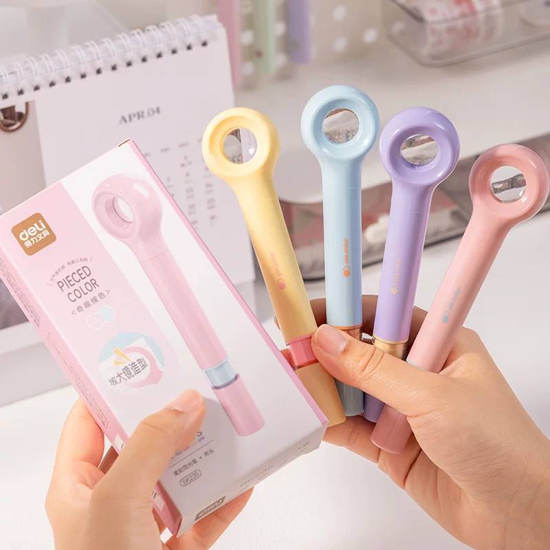 Bút Highlight Deli 4 Màu Pastel Kèm Kính Lúp