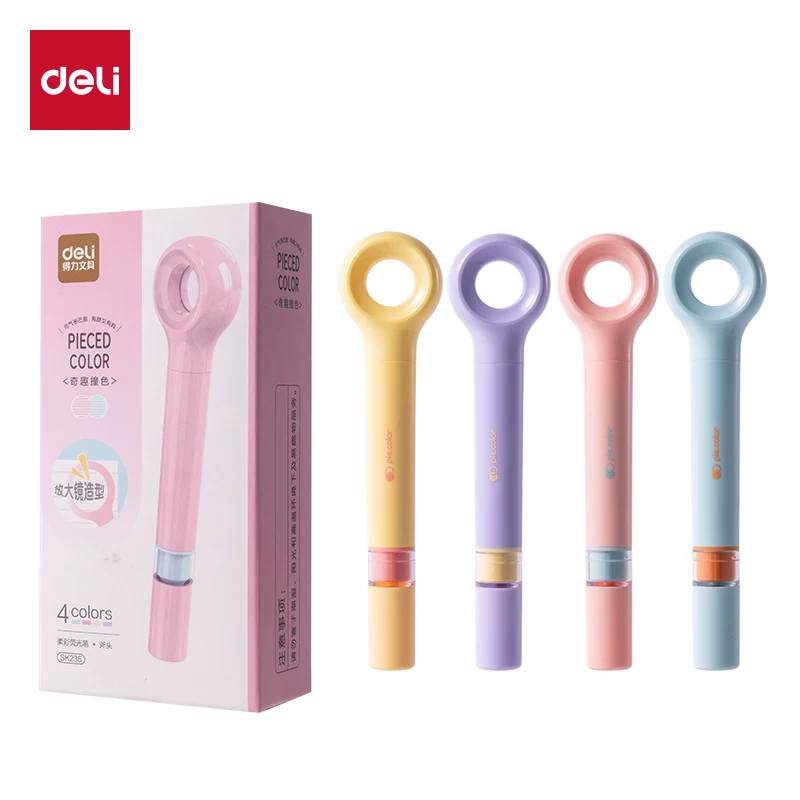 Bút Highlight Deli 4 Màu Pastel Kèm Kính Lúp