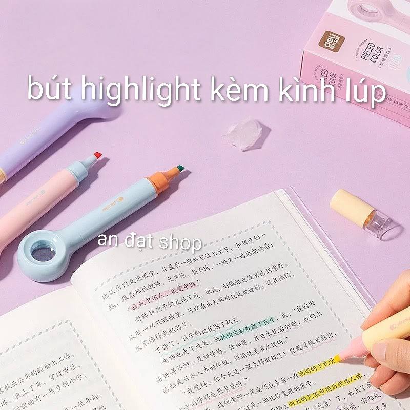 Bút Highlight Deli 4 Màu Pastel Kèm Kính Lúp